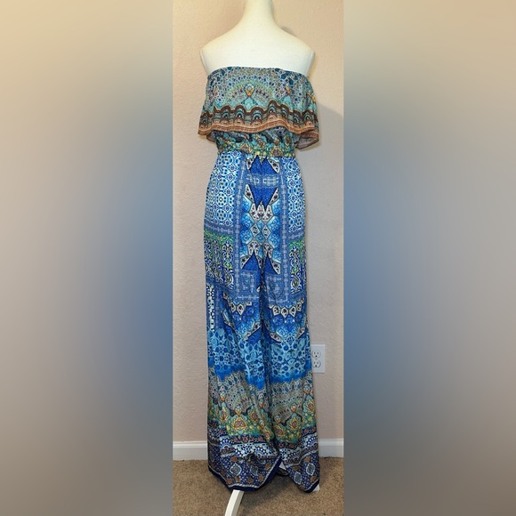 Shahida Parides‎ silk viscose strapless jumpsuit blue green pattern bohemian S/M - Picture 3 of 11